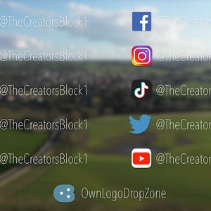 Könnte beinhalten: Eine Grafik mit Social-Media-Icons für Facebook, Instagram, TikTok, Twitter und YouTube. Jedes Icon hat den Text "@TheCreatorsBlock1" daneben. Es gibt auch ein blaues Icon mit drei Punkten und dem Text "OwnLogoDropZone".