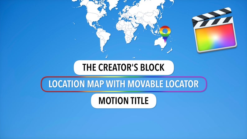 Może przedstawiać: Niebieska grafika z mapą świata, tęczową pinezką lokalizacji i klapsem filmowym. Tekst: "THE CREATOR'S BLOCK", "LOCATION MAP WITH MOVABLE LOCATOR" i "MOTION TITLE".
