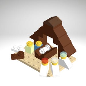 Puede incluir: Una escena de la Natividad en miniatura construida con bloques de construcción coloridos. La escena incluye un refugio marrón, figuras y otros elementos, todos dispuestos sobre una base beige. Las figuras tienen túnicas blancas y sombreros coloridos.