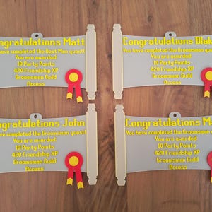 May include: Four grey scroll-shaped plaques with yellow text and red ribbon accents. Each plaque displays: Congratulations [Name], You have completed the Groomsman quest! You are awarded: 10 Party Points, 420 Friendship XP, Groomsman Guild Access.