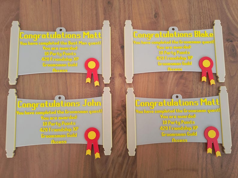 May include: Four grey scroll-shaped plaques with yellow text and red ribbon accents. Each plaque displays: Congratulations [Name], You have completed the Groomsman quest! You are awarded: 10 Party Points, 420 Friendship XP, Groomsman Guild Access.