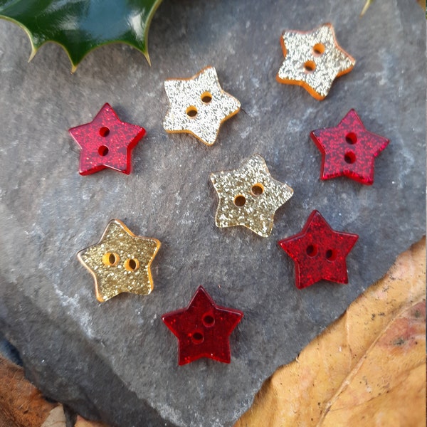 14mm Christmassy star buttons. 10 pieces, Red or Gold.