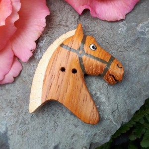 Op de afbeelding: Een houten knoop in de vorm van een paardenkop met een bruine en witte afwerking. Het paard heeft een zwart hoofdstel en een wit oog. De knoop ligt op een grijze steen met roze rozen op de achtergrond.