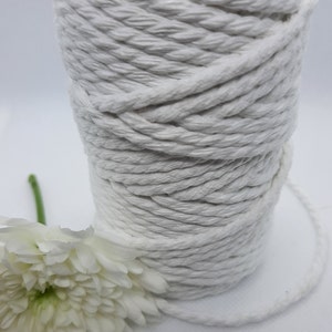 May include: A spool of white macrame cord with a textured, twisted design. A white flower with a green stem rests beside the cord. The cord is tightly wound around a cardboard core, ready for crafting projects.