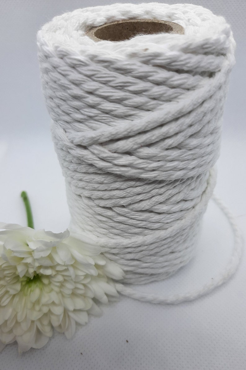 May include: A spool of white macrame cord with a textured, twisted design. A white flower with a green stem rests beside the cord. The cord is tightly wound around a cardboard core, ready for crafting projects.