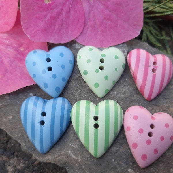 Pretty Wooden Dotty and Stripey Heart Buttons. Pack of 2. Pink, Blue and Green.