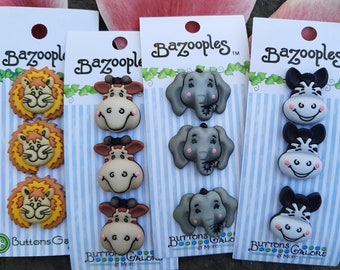 Lion, Giraffe, Elephant and Zebra Buttons. 3 Pieces per set.