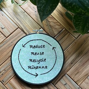 Minska, återanvänd, återvinn, Rihanna broderiring Bright Green