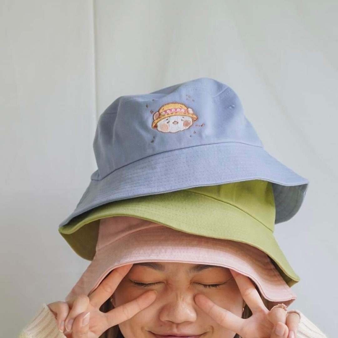 Bear Embroidered Bucket Hat, Cute Hats, Kawaii Accessories, Pastel Hats — free download