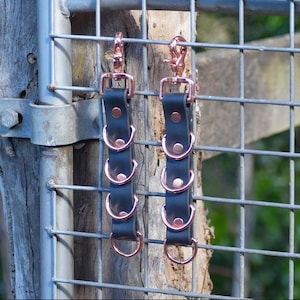 Pode incluir: Duas correias de couro preto com ferragens de ouro rosa e múltiplos anéis em D. As correias estão penduradas em uma cerca de metal.