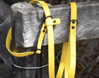 Könnte beinhalten: Zwei leuchtend gelbe Hundeleinen mit schwarzen Metallbeschlägen hängen an einem Holzpfosten.