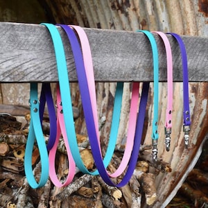 May include: A collection of colorful dog leashes in shades of teal, pink, and purple hanging from a weathered wooden beam. Each leash is made of a smooth, flexible material and features a metal clasp and rivets.