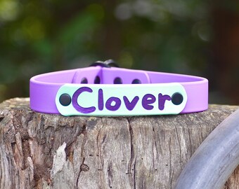 May include: A purple dog collar with the name "Clover" in purple lettering on a light green background. The collar is made of a flexible material and has a black buckle. The collar is resting on a weathered wooden surface.