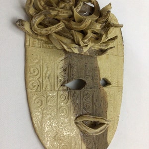 Ceramic Wall Art | Clay Mask | Curly Haired Mask | Mixed Clay Mask | Handmade Wall Sculpture | &quot;KINSIDY&quot;