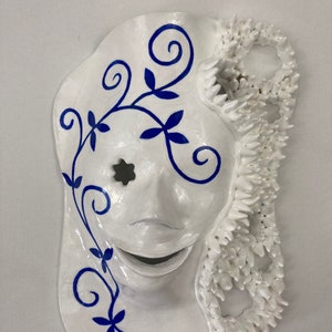 Ceramic mask, wall hanging, wall art, blue and white, FANTASHIA