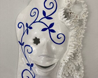 Ceramic mask, wall hanging, wall art, blue and white, FANTASHIA