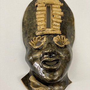 Tribal Mask, Unique Handmade Decorative Mask, Black and Gold, Ceramic Wall Mask