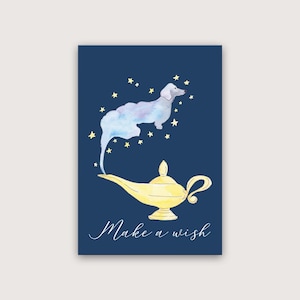 Wunschkarte I Große Postkarte I B6 I Make a wish I Geburtstag I Aquarellillustration I Grußkarte für Dackelfans I Wunderlampe und Dackel