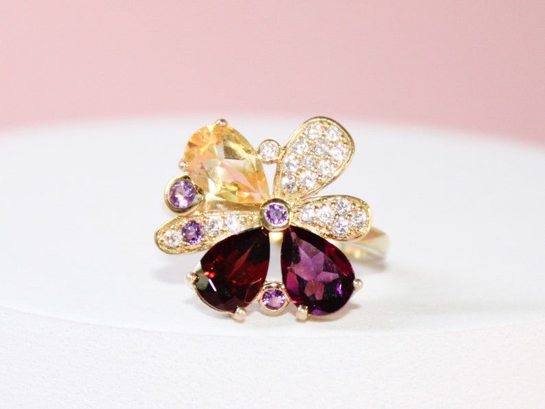 Multi stone ring Silver Jewelry-Ring in 14K Yellow Gold plated-gift