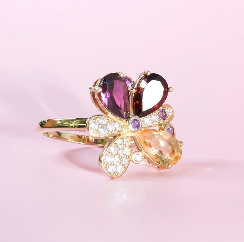 Multi stone ring Silver Jewelry-Ring in 14K Yellow Gold plated-gift