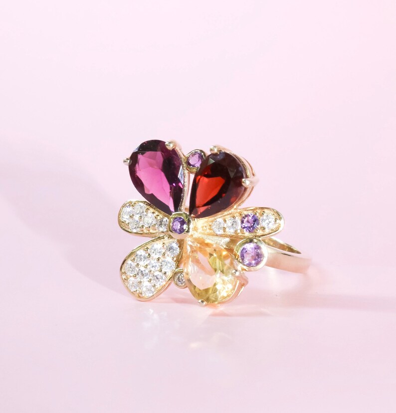 Multi stone ring Silver Jewelry-Ring in 14K Yellow Gold plated-gift