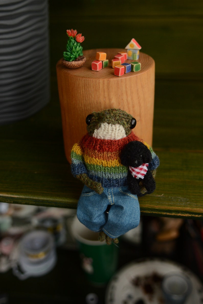 Knitted frog with a sweater and jeans. Famous frog from tik tok Made to order image 7