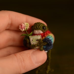 Miniature Knitted frog, Tiny cute froggy in a rainbow sweater