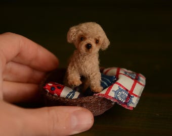 Realistic Puppy in the basket Dollhouse Miniature, Pet Lover's Mini Dog Figurine for Dollhouses