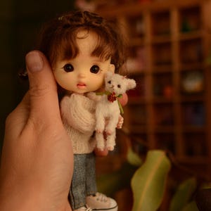May include: A miniature doll with brown hair, wearing a cream-colored sweater, blue jeans, and white sneakers. The doll holds a small white lamb with a green ribbon and red flower. The doll's face has large eyes and a neutral expression.