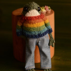 Knitted frog with a sweater and jeans. Famous frog from tik tok Made to order image 3