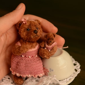 Pocket-Sized Dollhouse Bear Figurine, Teddy bear mama and baby girl OOAK Made to order Mother gift