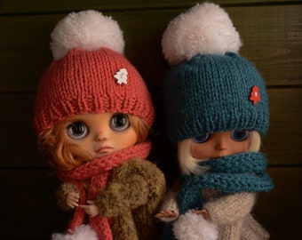 Set of two knitted hats and scarfs for Blythe, beanie hat for doll clothes