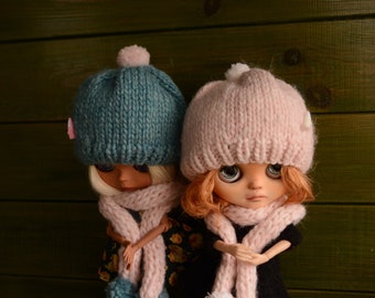 Set of two knitted hats and scarfs for Blythe, beanie hat for doll clothes