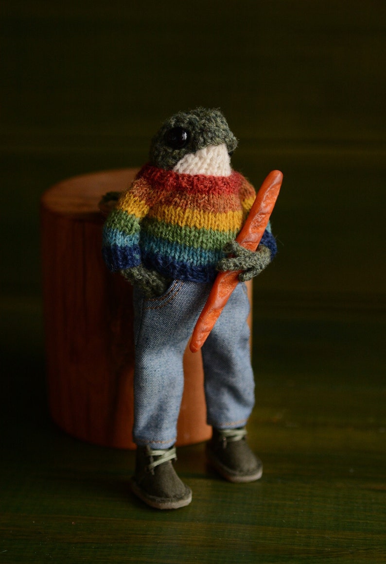 Knitted frog with a sweater and jeans. Famous frog from tik tok Made to order image 1