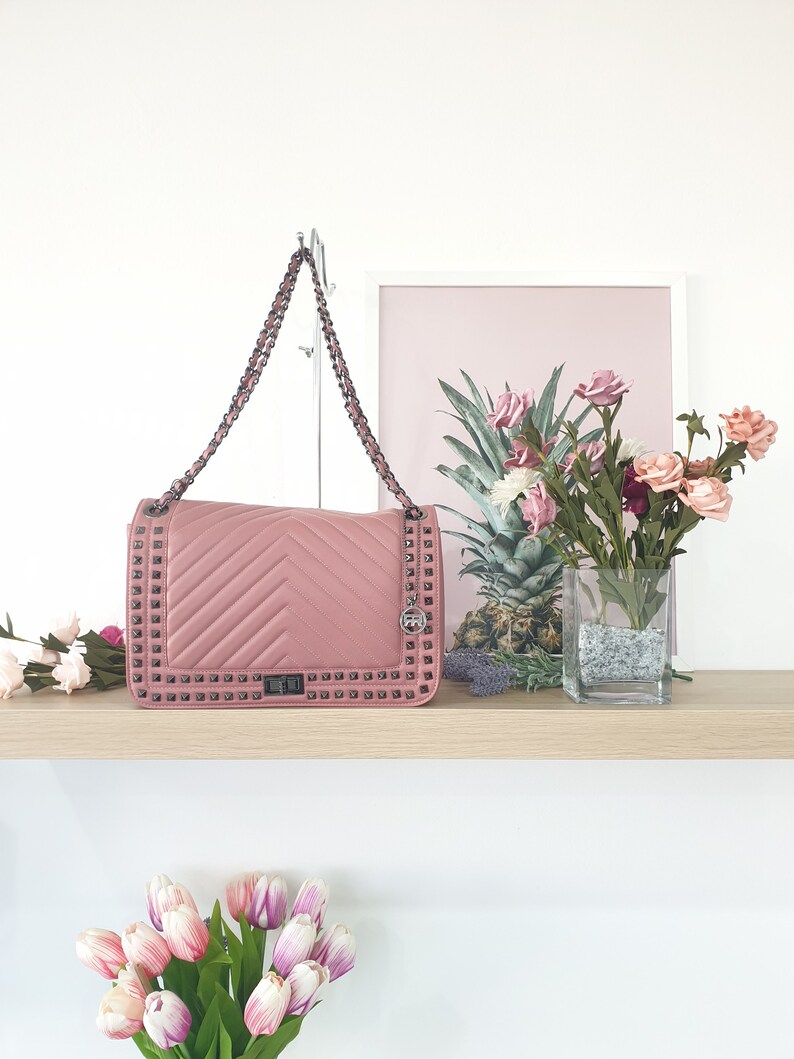 shoulder bag for women in real leather tassel sauvage quilted with studs handmade in Italy Roberta Rossi made in Italy