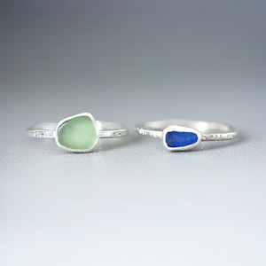 Sea Foam OR Blue Sea Glass Stack Rings 10, Cute Handmade Silver Beach Glass Rings for Women, Unique Ocean Inspired Beach Lover Gift