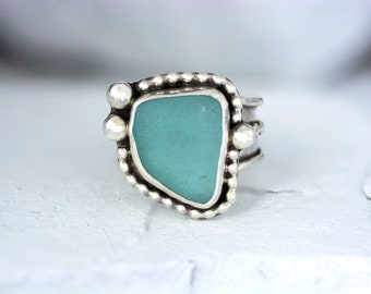 Sea Glass Silver Ring Sz 6, Handmade Boho Chic Sea Glass Jewelry, Teal Beach Glass Statement Ring, Chunky Wide Band one of a kind rings