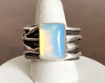 Opalite Silver Ring Sz 11, Handmade Boho Chic Statement Rings, Chunky Wide Band Rings, Silver artisan rings, unique one of a kind rings