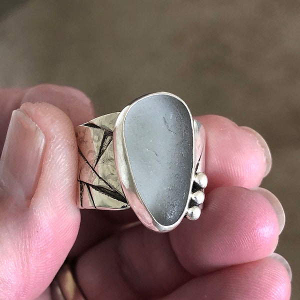 Sea Glass Silver Ring Sz 10, Coastal Cowgirl, Ocean inspired ring, Wide Band Rings, Gray sea glass ring, Colorful Beach Glass blackened ring