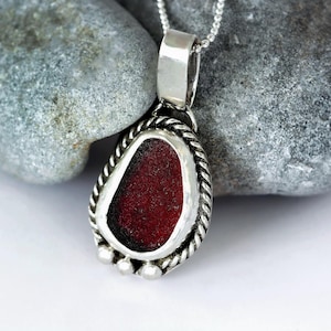Red Sea Glass Necklace, Dainty Handmade Cute Sterling Silver Beach Glass Layering Necklace for Women, Natural Beach Glass Jewelry for Her