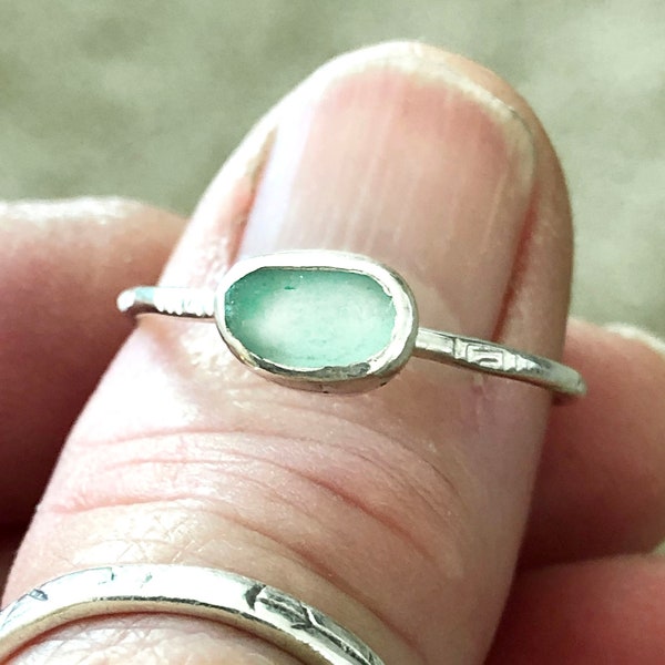 Sea Glass Silver Stack Ring Sz 9.5, Handmade Boho Chic Beach Glass Jewelry, Dainty thin silver stacking rings, unique one of a kind rings