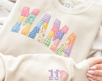 Personalized Mama Sweatshirt with Kid Names on Sleeve, Birthday Gift for Mom, New Mom Gift ,Mothers Day Gift, Faux Patchwork Sweater