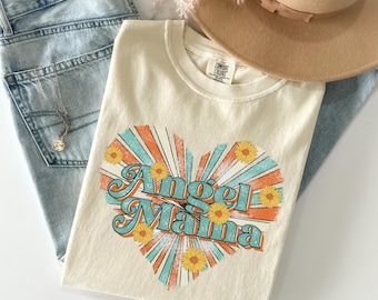 Angel Mama Shirt, Retro Mama Tee, Floral Mama Shirt, Heart Graphic Tee, Mom Gift Shirt, Vintage Mama Shirt, Mothers Day Gift