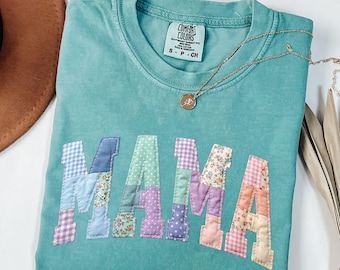 Comfort Colors® Faux Patchwork Mama Shirt, Nana Mimi Gigi Tee, Floral Mom Shirt, Cottagecore Gift, Varsity Mom Tee