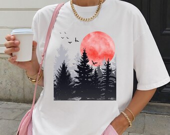 Comfort Colors Sunset Forest Shirt, Nature Silhouette Tee, Red Sun and Pine Trees T-Shirt, Outdoor Adventure Shirt, Minimalist Woodland Gift