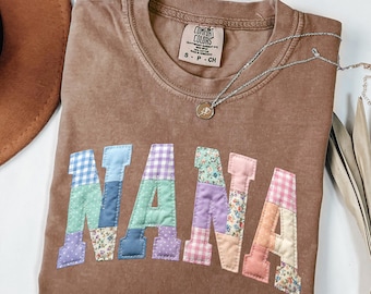 Comfort Colors® First Time Nana Gift, Grandmother Mimi Gigi  Faux Patchwork Tee, Varsity Mom Tee ,Nana Reveal Shirt, Floral Grandma Shirt
