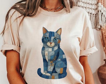 Cat Lover Comfort Colors T-shirt, Pet Owner Gift, Patchwork Style Cat Shirt, Vintage Kitty Graphic Tee, Cottagecore Aesthetic Top