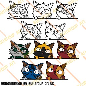 May include: Eight cartoon cats peeking over a wall. The cats are in various colors and patterns, including black and white, gray and green, red and brown, and blue and black. Some cats are wearing glasses.