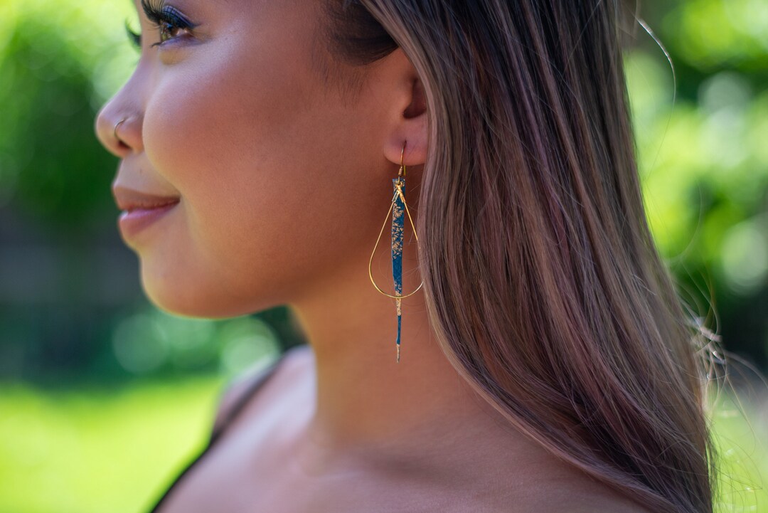 Hand Painted Genuine Leather Turquoise Earrings With Gold  display picture 1
