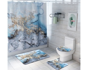 Watercolor Marbling Bathroom Shower Curtain Toilet Seat Cover Rugs Bath Mat Sets